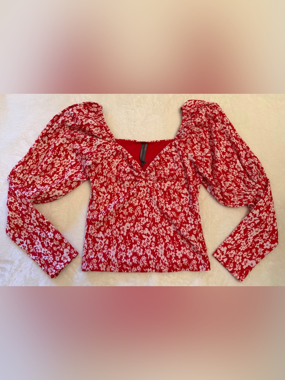Anthropologie Red Floral Puff Long Sleeve Blouse Top XS